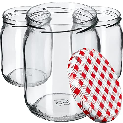 KADAX syltburkar 540 ml, konserveringsburkar med skruvlock, glas med skruvlock, konserveringsburkar, förvaringsburkar för insättning av gurkor (24 stycken, röd rutig)