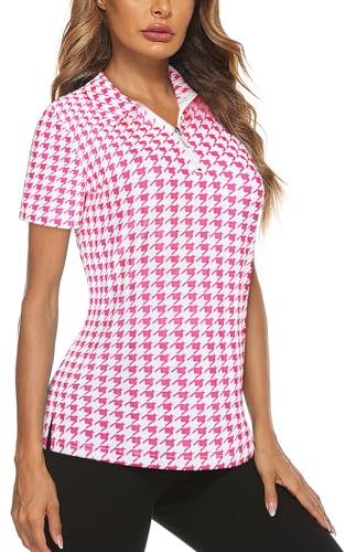 Gemulate Women's Polo Shirts Short Sleeve Gym Tops for Women UK Ladies Golf Tops Womens Running Sports T-Shirts Ladies Golf Tennis Yoga Tops V-Neck Active Tee - Pink Houndstooth, M