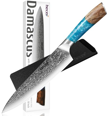 hecef Coltello Giapponese, 20 cm Coltello da Cucina Professionale con Manico Ergonomico in Resina, 67 Strati VG10 Coltello Damasco, Coltello Chef con Fodero Protettivo Della Lama