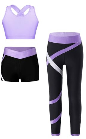 Kvysinly Sportdräkt för barn, flickor, träningsoverall, sportoutfit, joggingdräkt, sportig väst med shorts, leggings, sportkläder, yoga, träning, Lavendel, 146-152