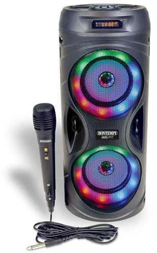 Bontempi | SonicSync - Amplificador Audio Karaoke Inalámbrico con Micrófono Dinámico, Efectos de Luz, Controlador de Graves y Agudos, TWS y Efecto Eco, 41,4x18,8x18,8 cm