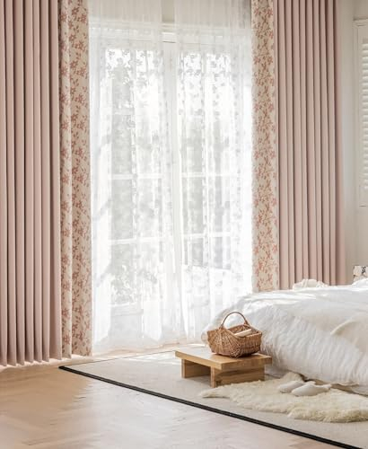 Whoiy Fenster Gardienen Jacquard mit Ösen für Schlafzimmer Wohnzimmer, Vorhänge Blickdicht Rosa Patchwork Chenille mit Blumendruck Ösenvorhang 2 Stück Moderne, H 115 x B 86 cm(Höhe x Breite)
