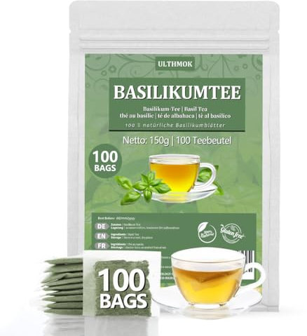Thé au Basilic | Tulsi Tea 100 Sachets de Thé, 100 % Feuilles de Basilic, Tisane Naturelle, Sachets de Thé Infusés
