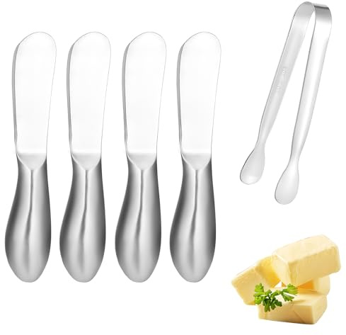 MICHIHOMIE Cuchillo de mantequilla pequeño de 4 piezas, cuchillo de mantequilla de acero inoxidable con 1 pinza de azúcar, juego de cuchillos de postre, cuchillo para lubricar