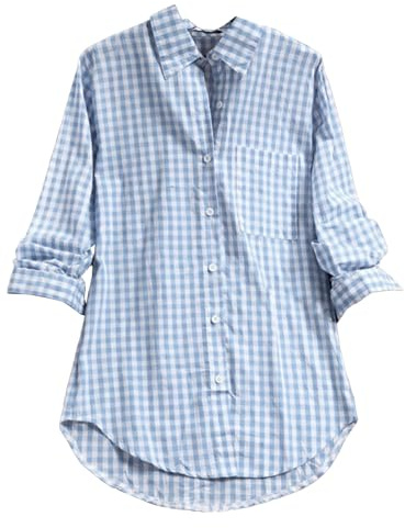 Womens Plaid Shirt Oversized Button Down Shirts Casual Lapel Collar Long Sleeve Blouse Vintage Boyfriend Long Checked Shirts Basic Loose Check Blouses Top with Pocket(Blue,M)