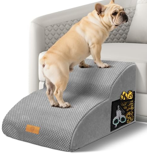Thihome Dog Steps for Sofa, 2-Steps Pet Ramp with Non-Slip Removable Cover and Storage Pocket, Soft High Density Foam Dog Stairs for Small/Senior/Injured Pets, 55 x 40 x 30cm, Grey
