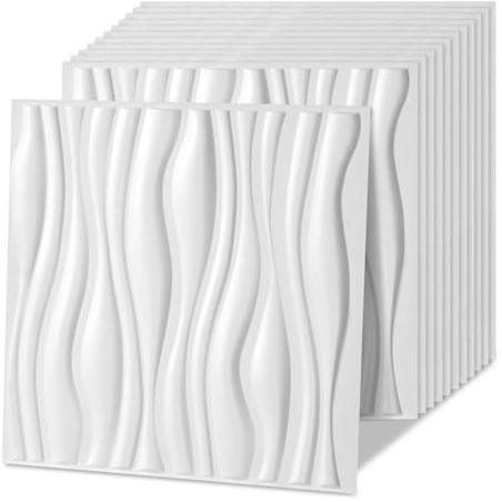 Jaxguom 3D Wandpaneele 12 Stück 50 x 50 cm (3m²), 3D Wall Panels Wave Optik, Hochsteifes PVC Wanddeko Platten, Wasserfest, Hitzebeständig, Matt weiß
