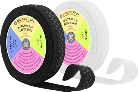 Mandala Crafts 1 Inch Elastic Silicone Gripper Tape for Clothing - 20 Yds Dotted Non Slip Elastic Band for Sewing - Black and White Silicone Flat Fabric Stretchy Ribbon Straps