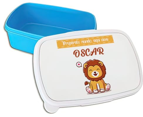 xulisimo Fiambrera infantil personalizada con nombre, ideal para vuelta al cole, uso diario en el colegio o guardería, libre de BPA y apta para alimentos (Azul, León)