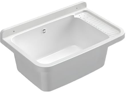 Buystar Lavandino Pilozzo a Muro Rettangolare in Resina - Sifone, Piletta, da Esterno, Interno, Vasca, Lavanderia, Garage, a Mano, Lavaggio, Resistente agli Acidi, Capiente - Bianco Lucido