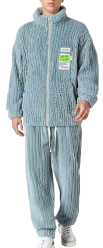 Generisch Pijama de hombre de forro polar de coral Sleepwear de manga larga Ropa de casa de franela Invierno Grueso Conjunto de dos piezas con cuello alto Partes superiores con cremallera y pantalones