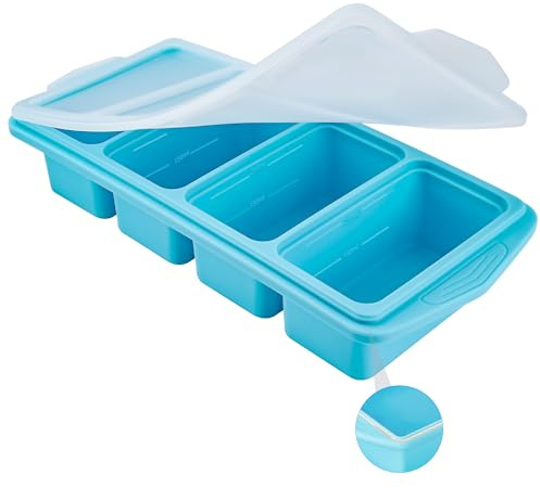 QUELIEN Serenity Blue Silicone Freezer Tray with Lid – Dual 1/2 Cup and 1 Cup Portion Cube Mold for Soup, Sauce, and Baby Food – Stackable BPA-Free Silicone Meal Prep Container