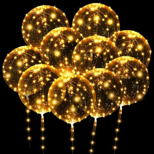 Globos LED, paquete de 10 globos brillantes, 24 pulgadas transparente helio Bobo globos con 10 luces de cadena para San Valentín, Halloween, Navidad, decoración de la boda (color cálido)