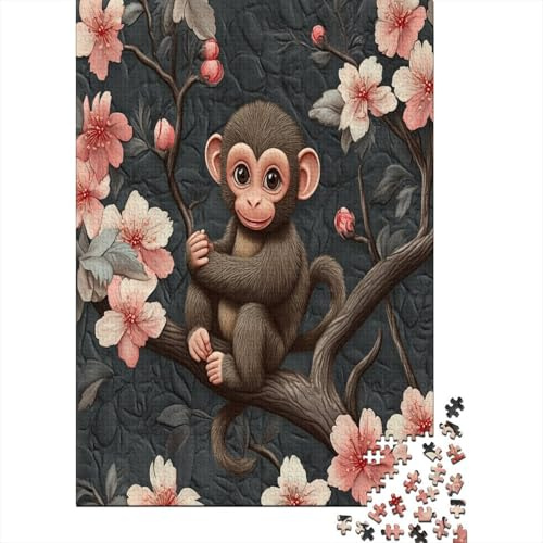 Monito con Flores de Cerezo 1000 Piezas Rompecabezas para Adultos Fondo Gris Oscuro para Amantes O Amigos Imposable 38x26cm/1000pcs