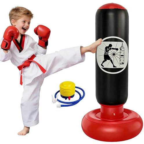Yunlaishaocer Sacco da boxe per bambini, 160 cm, gonfiabile, in PVC, con pompa a piedi, per ragazzi e ragazze, per praticare karate, kickboxing, taekwondo, MMA (nero)