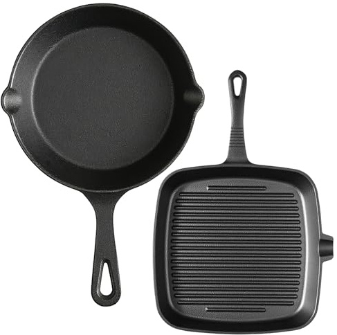 YIYOBEATFO Pre-Seasoned Cast Iron skillets,2 Piece Durable Pots and Pans Set with Handle Covers for Grill, BBQ, Camping Fire, Stovetop, Kitchen and Camping Cookware
