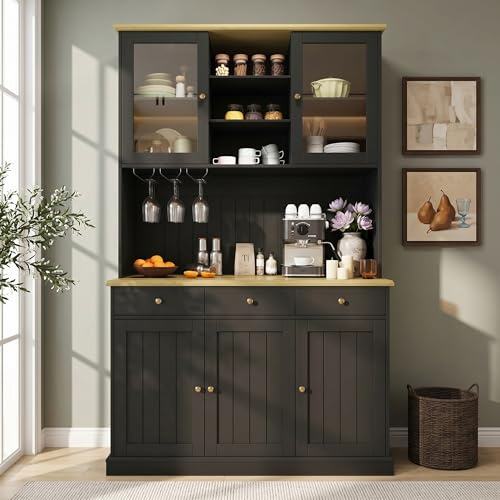 Yihomfy Buffet Cuisine 120x40x191 cm avec Prise USB-C, Meuble de Rangement avec Portes en Verre et Support à Verres, Vaisselier Haut Noir