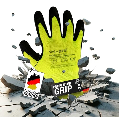 Trevendo Arbeitshandschuhe - WS-Pro Hi-Grip HVL - EN 388 - neongelbe Montage- & Schutzhandschuhe mit Crinkle-Latex-Beschichtung - Profi-Grip, robust & sichtbar - Mehrfachpack - Größe 7, 12 Paar
