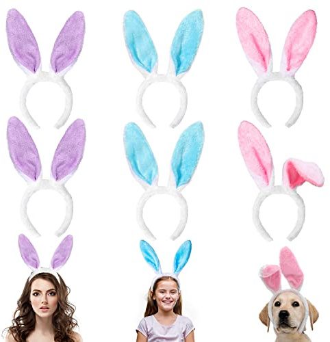 DIYDEC 6pcs Bunny Ears Headband, Colorful Cute Rabbit Hairbands Bendable Comfortable Easter Bunny Ears for Woman Kids for Easter Party Favor