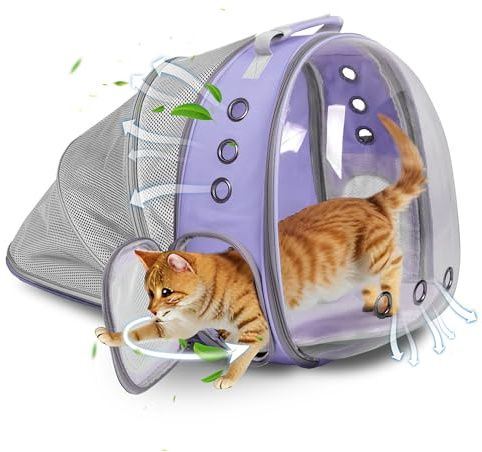 Expandable Cat Backpack Carrier, Breathable Clear Bubble Window Pet Carrier for Small Dogs and Cats up to 12 lbs, Airline Approved Travel Bag for Hiking and Outdoor Use (Back Expandable-Purple)