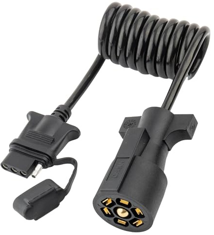 MECMO 7 Way Blade to 4 Way Flat Trailer Adapter Coiled Wiring Harness 5ft Male 7 Pin to 4 Pin Trailer Extension Cord Jacketed Cable, Heavy Duty 18AWG Copper 7 to 4 Wire Trailer Connector Plug 60 inch