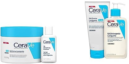 CeraVe SA Crema Levigante, per Pelle Secca e Ruvida, con Acido Salicilico, 340ml + Detergente 20 ml & Kit Skincare Levigante, SA Detergente, 236 ml + SA Crema 177 ml