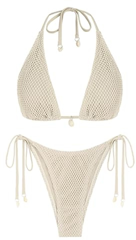 ZAFUL Women's Triangle Bikini Fishnet Tie Side Bandeau Halter Bikini Set