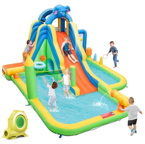 GOPLUS Hüpfburg, Aufblasbar Wasserpark mit Wasserrutsche, Kletterwand, Wasserpistolen, Basketballwurf, Ballwurf, Bouncy Castle Elefant für Kinder 3-10 Jahre, 469 x 378 x 250 cm (Elefant, Mit Gebläse)