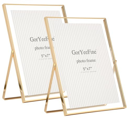 Gold 6x8''Floating Photo Frame Set of 2,For Photo Sizes (3.5x5''4x6''5x7''),Simple Metal beaded floating Picture Frames 5x7'' Gold for Tabletop/Shelf,Classy Gift Choice for Wedding,Thanksgiving