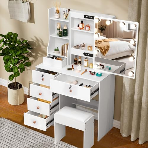 Teousev Toilette Trucco con Sgabello e Specchio, Toeletta Trucco con Luci, Postazione Trucco con 6 Cassetti, 6 Ripiani Aperti, Tavolo Trucco per La Camera Da Letto, 80X36X131cm, Bianco, J051216