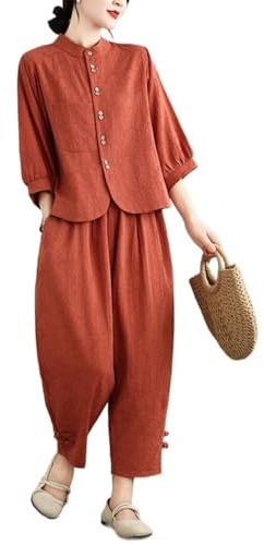 2025 Tenue D'été 2 Pièces De Style Chinois Pour Femmes, Ensemble Décontracté En Coton Et Lin Avec Haut À Manches Longues Et Pantalon Sarouel À Jambe Large