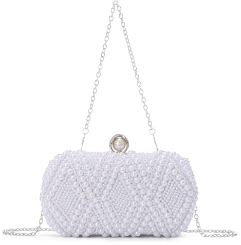 Syrads Perles Femme Pochette Sac à Main de Mariée Perles Pochette Élégant Clutch de Soirée Avec,Blanc