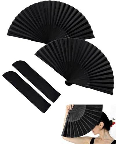 JUKOTA 2 Pezzi Ventagli Pieghevoli Portatili, Nero Mano Pieghevole Ventilatore, Chinease Ventilatore in Stoffa Orientale per Ballo, Festa, Regali di Nozze per Decorazione