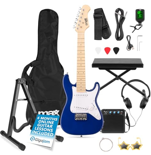 MAX GigKit Junior 1/4 Electric Guitar with Adjustable Music Stool & Foldable Stand, Blue – Kids Beginner Electric Guitar Kit, Comfortable Practice Setup with Small Size Instrument, For Home & Lessons