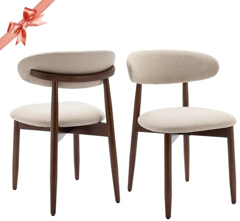 COLAMY Wooden Dining Chairs Set of 2, Modern Fabric Upholstered Kitchen Side Chairs, Farmhouse Dining Room Chair with Foot Pegs, Beige