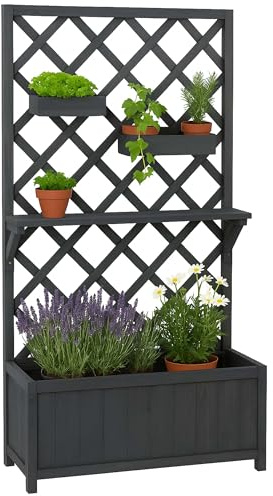 Hochbeet HWC-P68, Pflanz-/Blumenkasten Rankgitter Rankhilfe Ablage Hängekästen Holz FSC® 135x70x30cm - anthrazit-grau