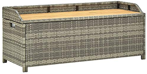 Mokuyary trädgårdsbänk med förvaringsutrymme, 120 cm, poly rotting, grå, sittbänk, parkeringsbänk med kuddlåda, balkongbänk, utomhus, bänk för trädgård, terrass, balkong