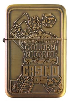 Accendino Meccanico a Benzina Ricaricabile Casino Golden Nugget Metallo Bronzo Vintage