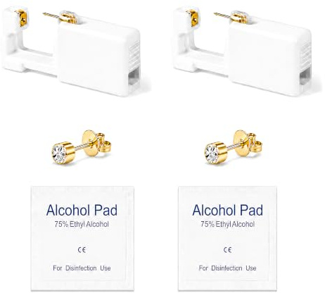 2/4/6/8-Piece Ear Piercing Gun Kit with 4 mm 316 Steel Studs & Alcohol Pads | Gold or Silver Stud Options; Disposable ear piercing guns suitable for women and men, ideal for home earlobe piercing