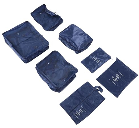OVAQUIXI Packningskuber för Researrangörer 8-delat Set Polyester Bagagepaketeringsorganisatorer med Andningsbart Mesh Lätt Skoväska och Tvättväska för Resväska Ryggsäck Affärsresor (Marinblå)