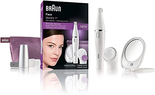Braun FaceSpa Face Epilator, Hair Removal with Facial Cleansing Brush Head, Lighted Mirror and Beauty Pouch, 830, White