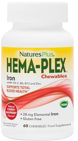 NaturesPlus Hema Plex Chewable Iron - Gentle Iron Supplement with Vitamin C, Methyl B12, Folate - Blood Health, Immune, Energy - Vegan, Gluten Free - 60 Chewable Tablets