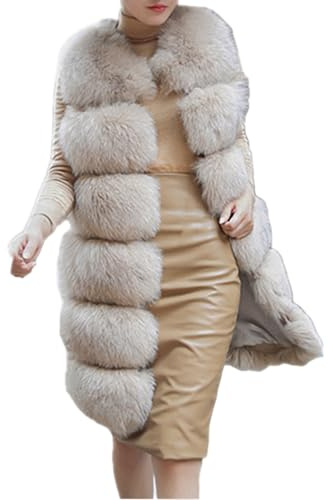 Lisa Colly Women's Faux Fox Fur Coat Jacket Winter Sleeveless Faux Fur Vest Outwear (Beige, L)
