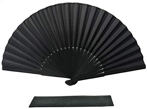 FANSOF.FANS Black Silk Fabric Folding Hand Held Fan with a Pouch Bamboo Ribs Chinese Vintage Handheld Girls Women Wedding Party Favour Gift (Simple Black)