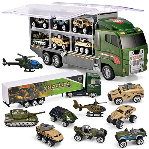 Joyfia 11 en 1 Camions Transporteur Voiture, Militaire Moulé sous Pression Voiture Jouets Ensemble pour Garçons et Filles, Mini véhicules pour Enfants 3 ans Cadeau d'anniversaire
