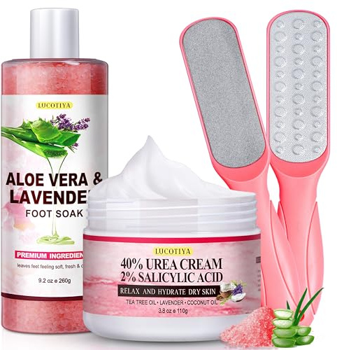 LUCOTIYA Pedicure Kit Foot Spa Soak Set Callus/Cuticle Remover File, Dead Skin Urea Cream for Feet Aloe Lavender Pedicure Supplies for Dry Cracked Feet for Women Men ﻿