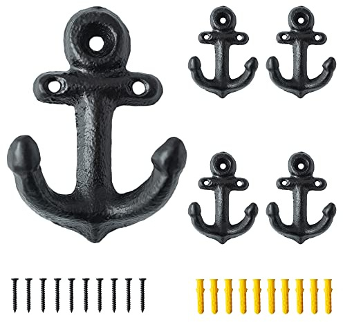 SMKOLIN 5 Pcs Cast Iron Anchor Hooks 3'' Decorative Wall Hooks Vintage Coat Hooks Antique Black