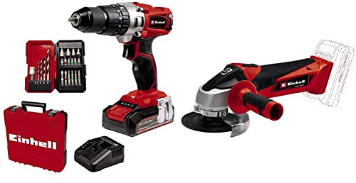 Einhell Power X-Change 44Nm Cordless Drill Driver with Battery and Charger - 18V & Power X-Change 18V Cordless Angle Grinder - 115mm (4 Inch) Disc Battery Grinder