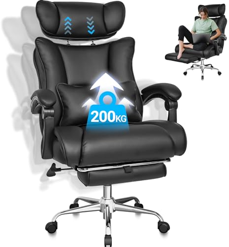 BASETBL Bürostuhl Chefsessel 200kg, bürostuhle mit fußstütze, Feder Sitzkissen, Verstellbare Kopfstütz, Schreibtischstuhl mit breiter Sitzfläche, Ergonomischer Bürostuhl, Erfüllt EN12520-Normen