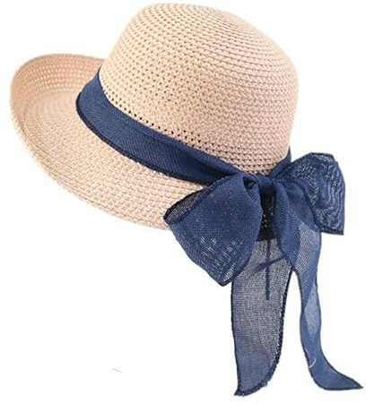 Straw Sun Hats for Women Wide Brim Bow Ribbons Roll Up Bucket UPF 50+ Foldable Sun Hat with Strap UV Protection Summer Travel Beach Pink-Navy